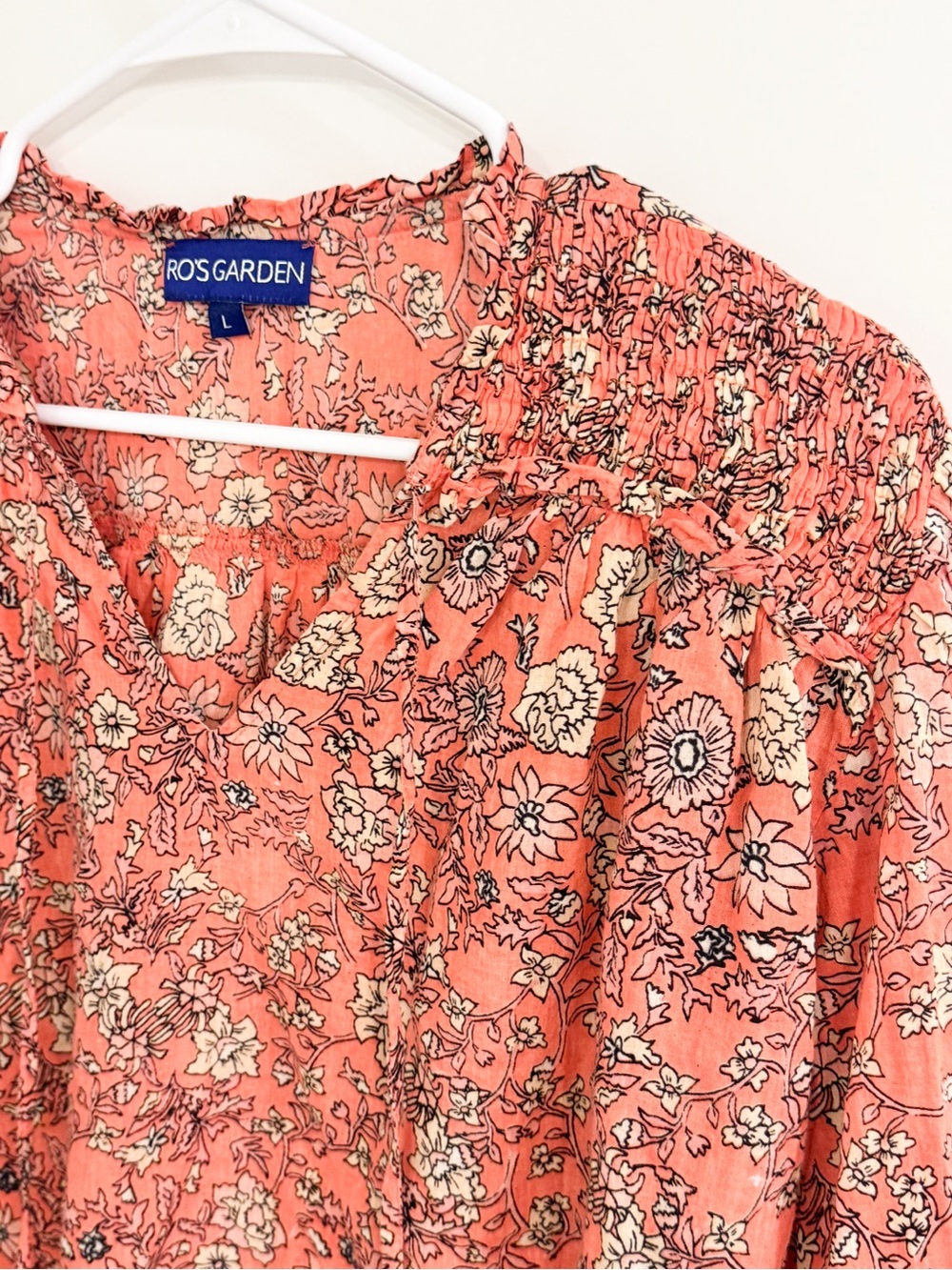 Anthropologie Ro’s Garden Coral Floral Boho Peasant Top Cotton Sz L - Picture 2 of 8